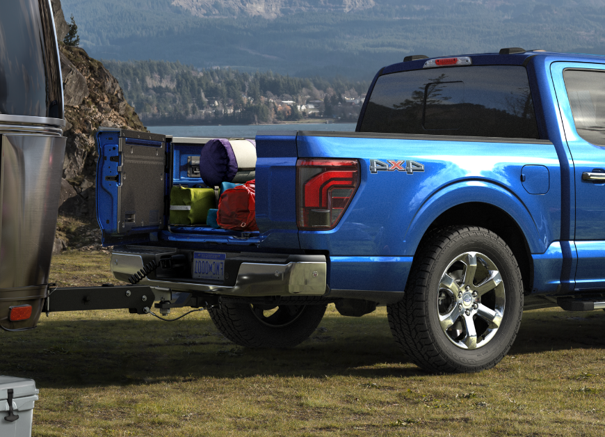 2024 Ford F-150® pickup Pro-Access Tailgate open with gear in the truck bed